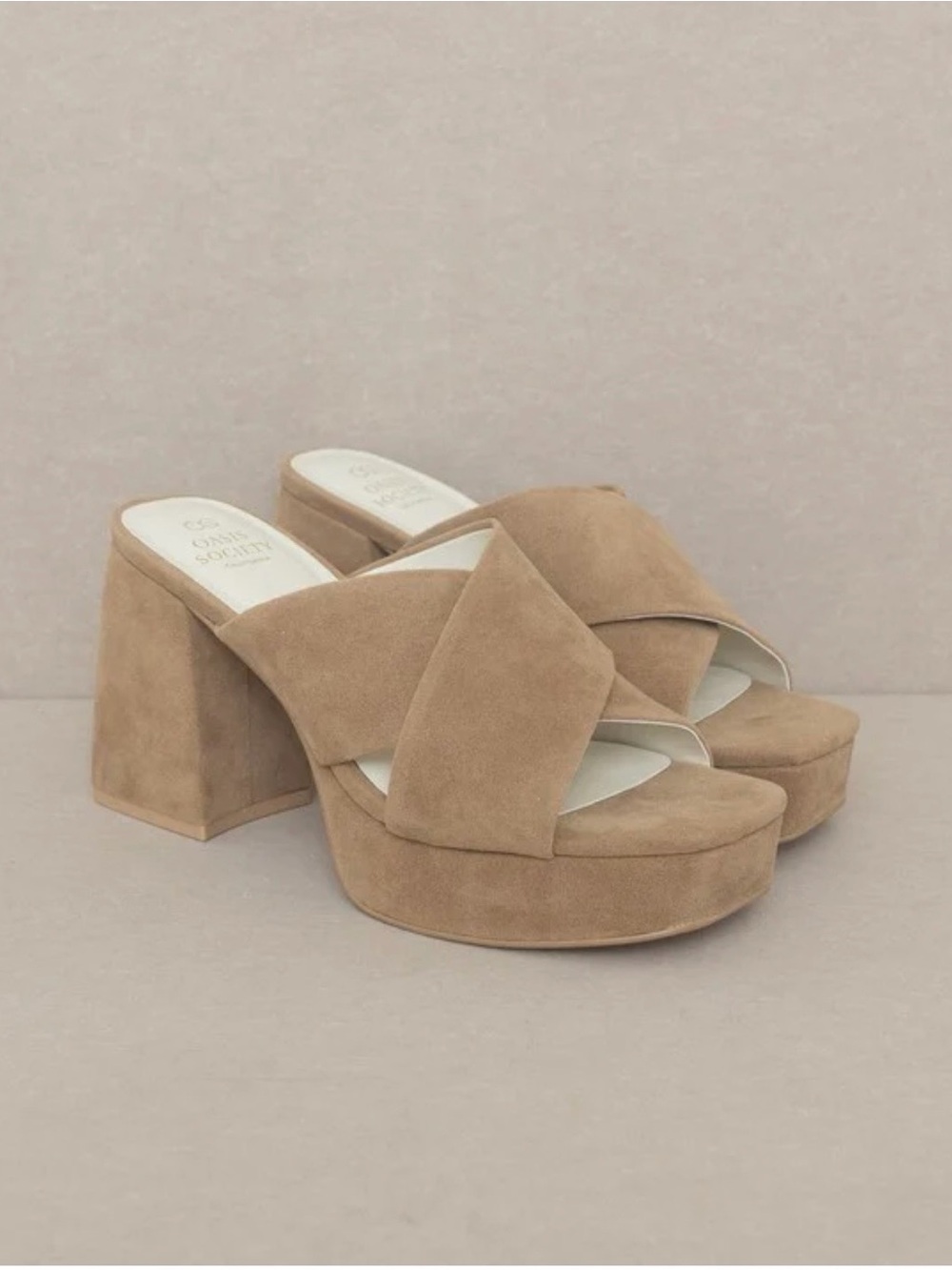 Oasis Suede Crisscross Platform Mules - Beige khaki 8.5